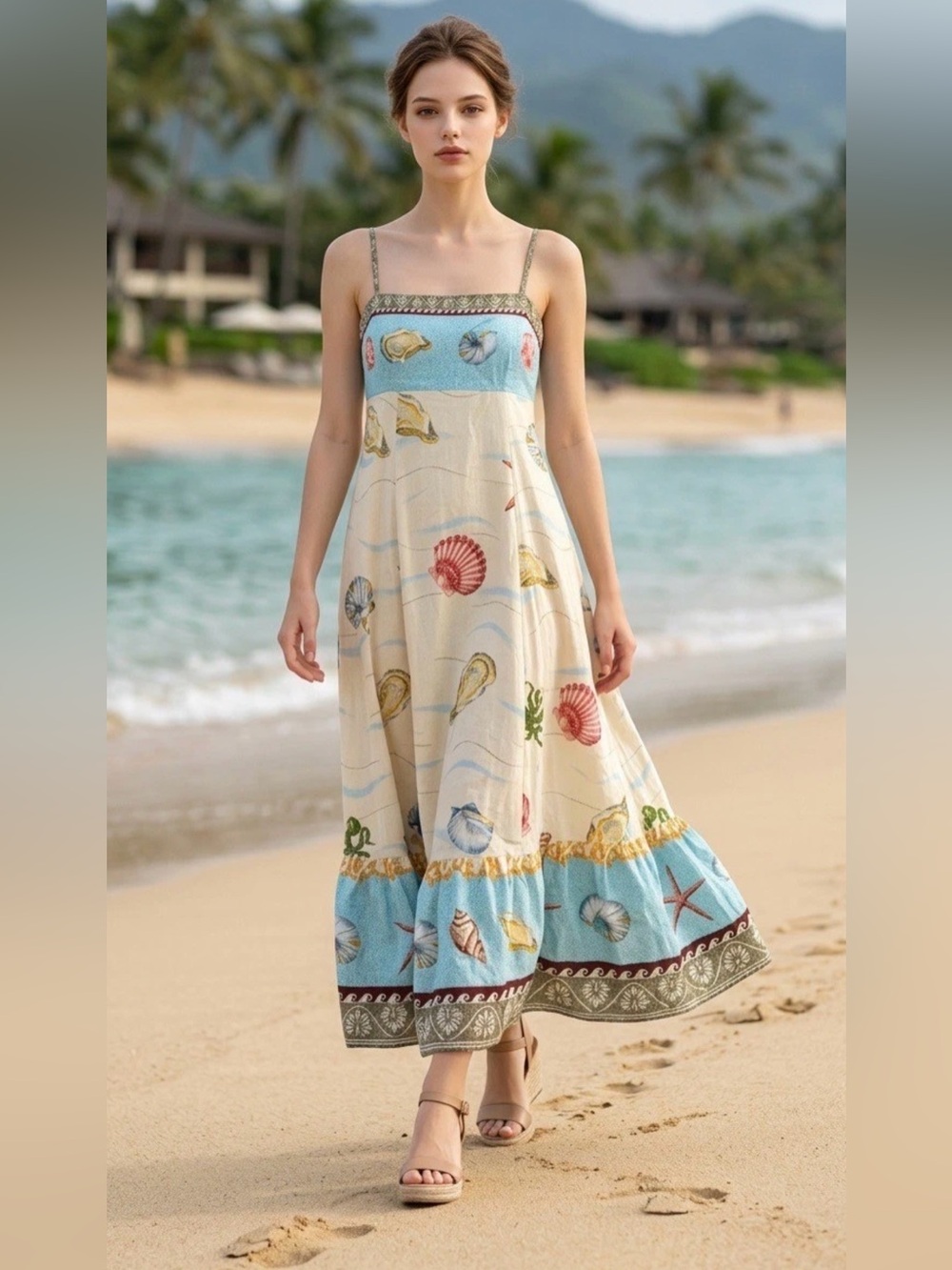 NWT Caroline Constas Seashell Coastal Multicolor Linen Maxi Dress Small